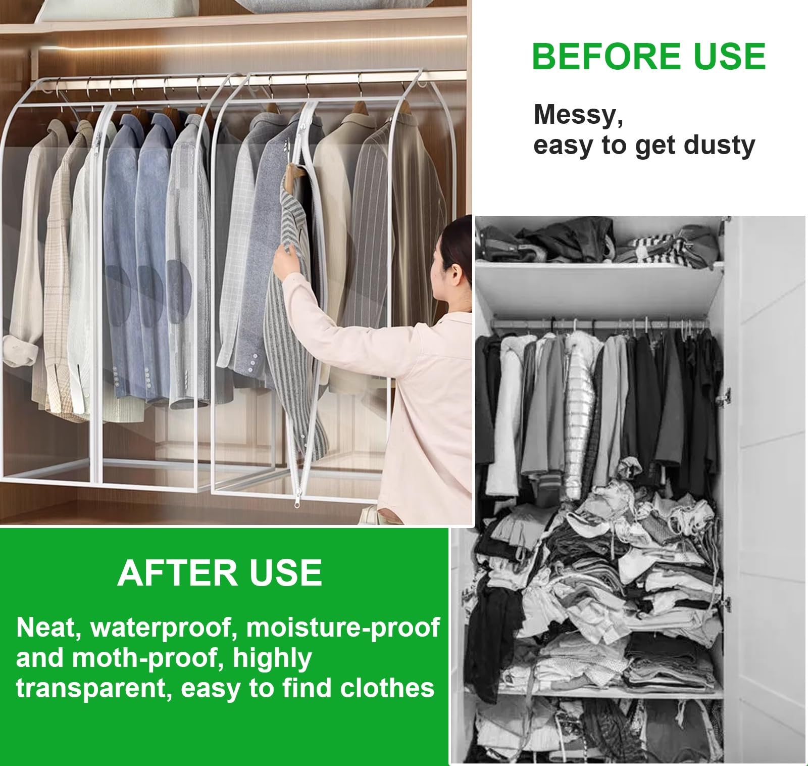 Cubierta de Polvo para Ropa, Bolsas de Almacenamiento Transparentes con Cremallera, Fundas de EVA for Perchero, Cobertura Total de 360°, Funda Antipolvo for Trajes, Camisas, Suéteres