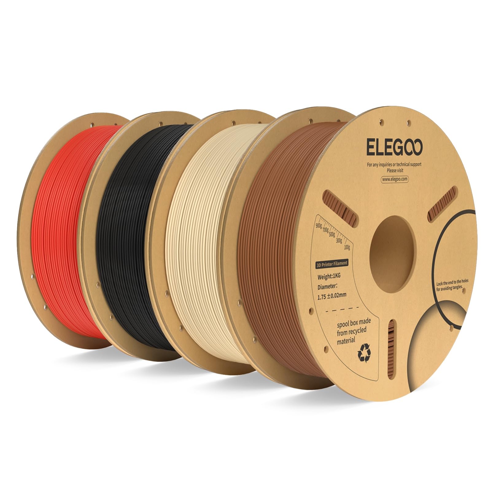 ELEGOO PLA+ Filamento Stampante 3D 1.75mm Marrone/Beige/Nero/Rosso 4KG | PLA Plus, Precisione Dimensionale ±0,02mm, Bobina da 1kg, Compatibile con la Maggior Parte delle Stampanti 3D