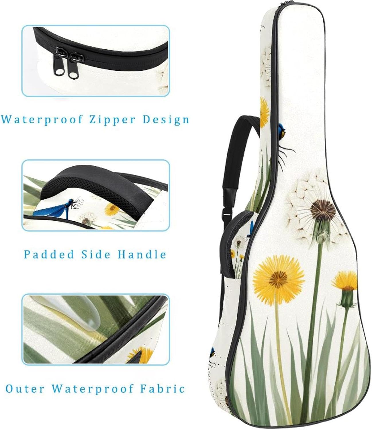 Acoustic Guitar Gig Bag 10mm Thick Padding, Soft Waterproof Guitar Case with Adjustable Backpack Straps for 40-42 Inch Guitar, Flying Blue Dragonflies with Fluffy Dandelions