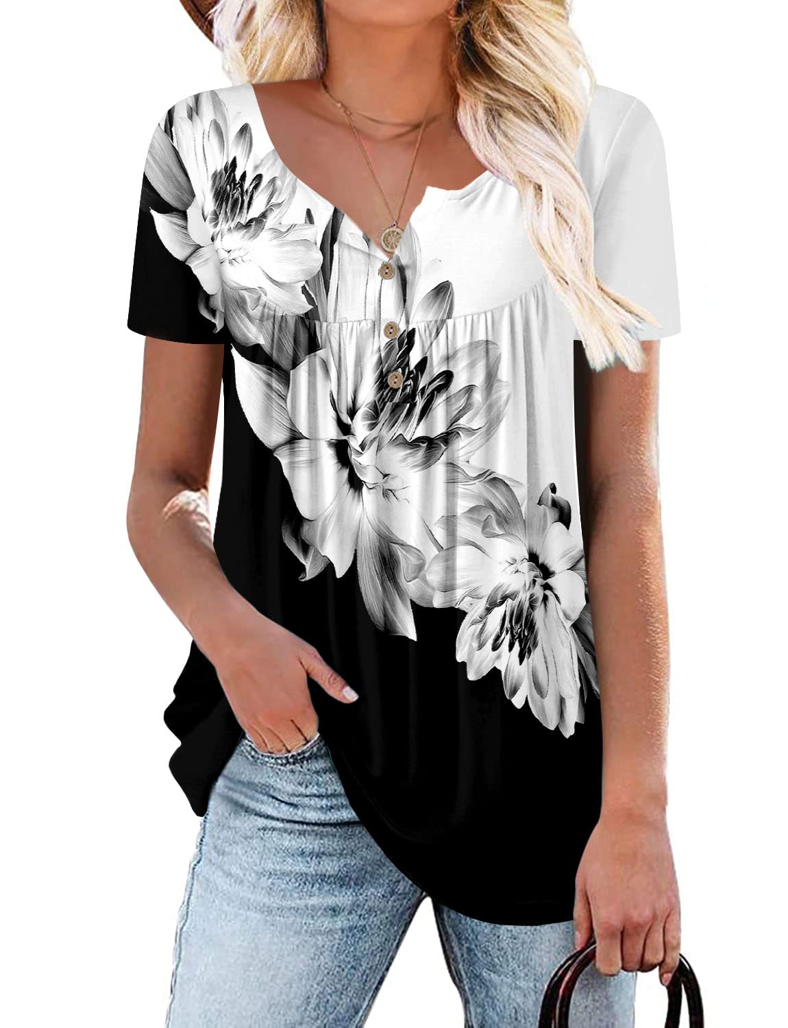 ROSELINLIN Women's Short Sleeve Shirts Floral Summer Tops Loose Fit for Leggings