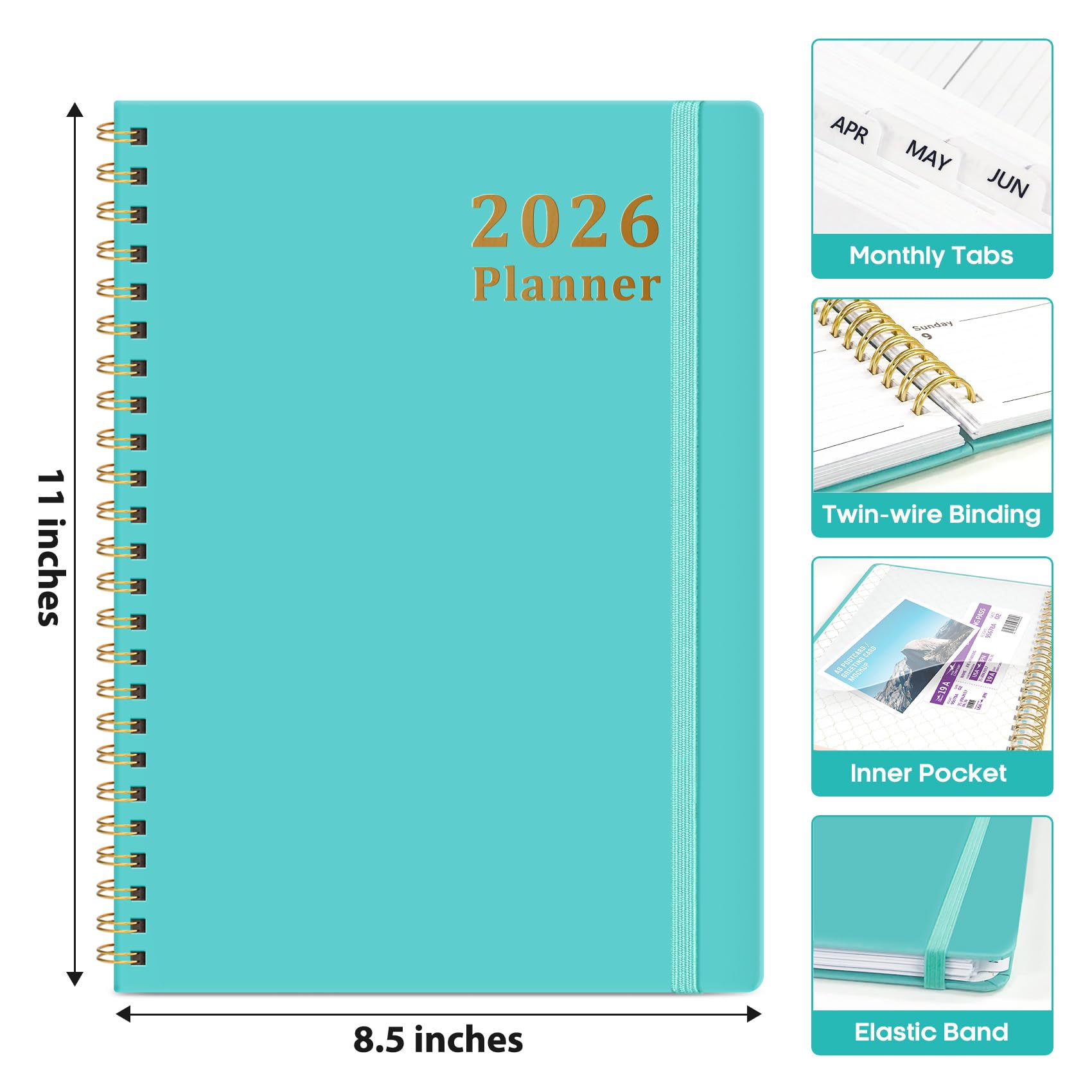 Agenda 2026, calendario settimanale e mensile, da gennaio 2026 a dicembre 2026, copertina rigida, con linguette per donne e uomini, tasca interna, rilegatura a spirale, perfetto per ufficio, casa