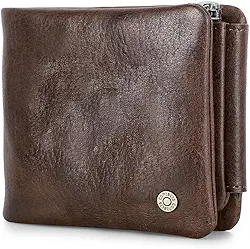 Carteira de Couro Legítimo Masculina com Bloqueio RFID, Porta-Cartões (7 Slots), Porta-Foto, Porta-Moedas, Compartimento para Notas, Compacta e Luxo– Cor Marrom