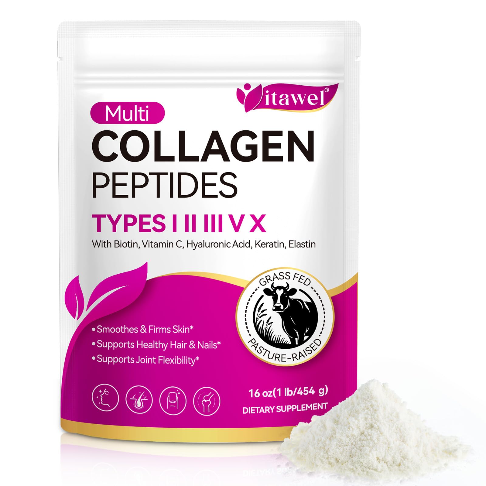 Multi Collagen Peptides Powder Type I II III V X with Biotin Vitamin C Hyaluronic Acid Supports Healthy