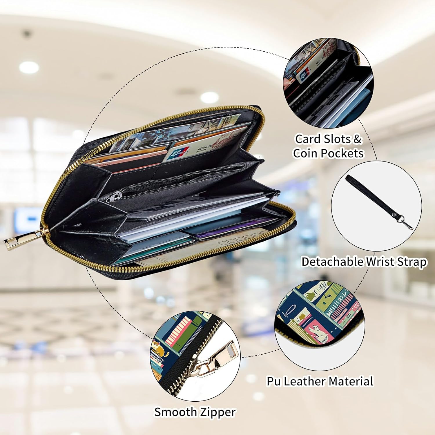 Womens Wallet, Large Capacity RFID Blocking PU Leather Wristlet Wallets for Women Ladies Men Credit Card Holder Zipper Wallet Phone Holder Clutch Travel Purse, Bookshelf - Image 3