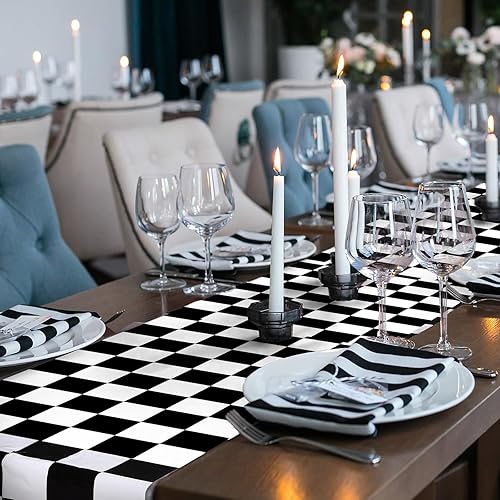 Miniatura 6 de Preboun Camino de mesa a cuadros en blanco y negro de 14 x 108 pulgadas, mantel de bandera de plástico para aniversario, boda, fiesta de cumpleaños,