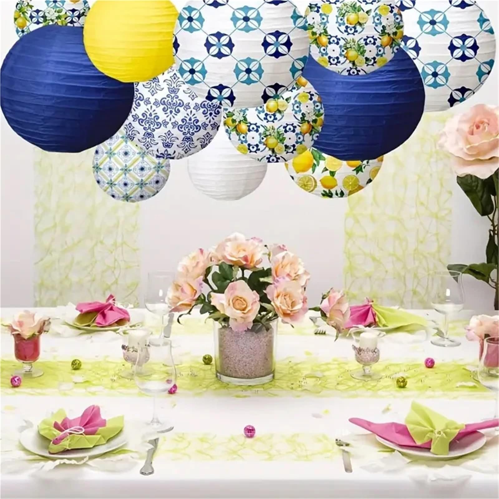 12-teiliges Papierlaternen-Set, Zitronen-Partydekorationen Für Haushalt Wohnen | Frühlings- und Sommer-Familienparty-Dekorationen, Party mit grünem und gelbem Zitronenmuster