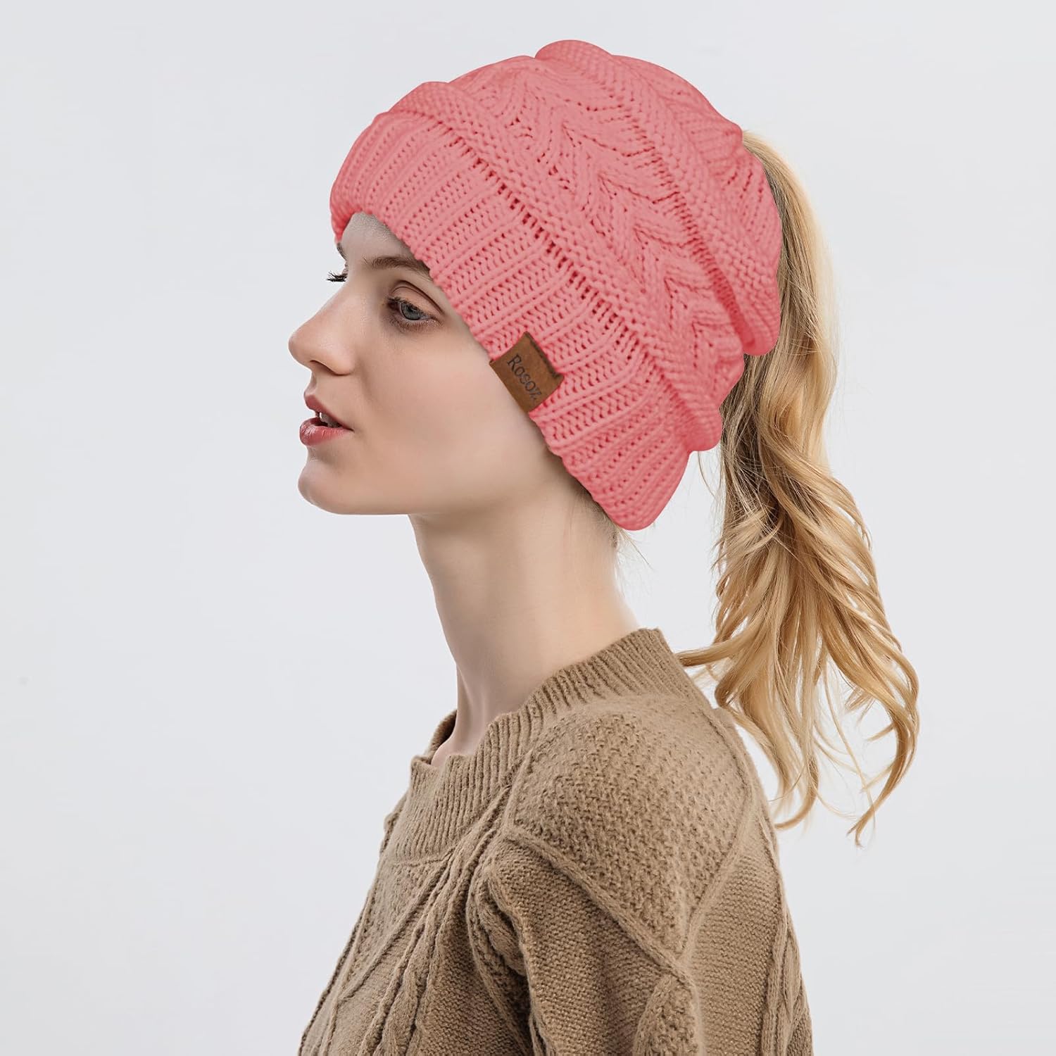 Rosoz 1&2 Packs Ponytail Beanie for Women,Winter Warm Beanie Tail Soft Stretch Cable Knit Messy High Bun Hat - Image 3