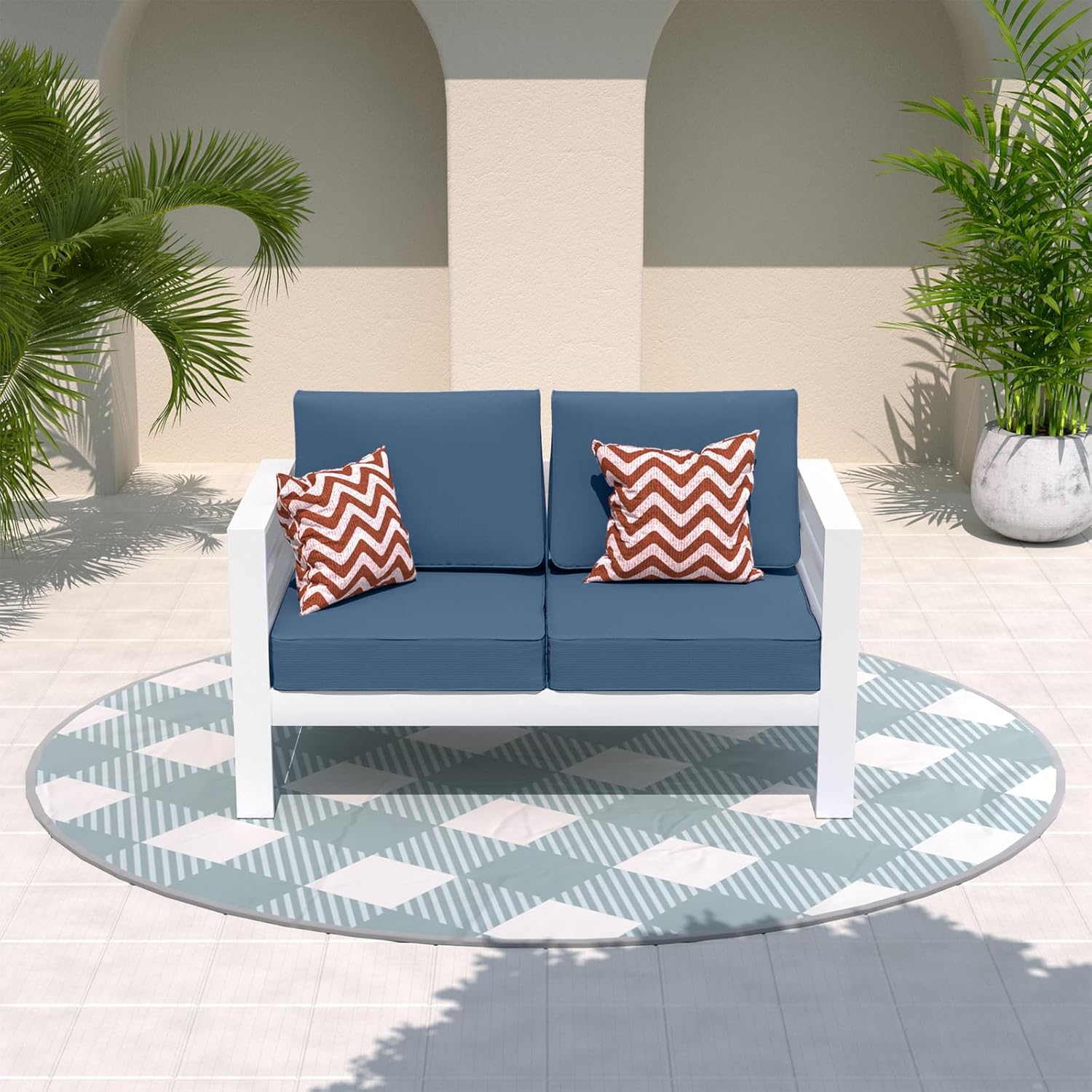 Amopatio Oversized Patio Furniture Aluminum Loveseat, All-Weather Outdoor 2 Seats Sofa Couch, Modern Metal Chair w/ 5 Inch Cushions, White&Blue (Include Waterproof Sofa Covers)