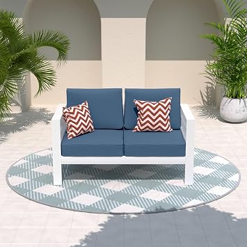 Amopatio Oversized Patio Furniture Aluminum Loveseat, All-Weather Outdoor 2 Seats Sofa Couch, Modern Metal Chair w/ 5 Inch Cushions, White&Blue Include Waterproof Sofa Covers