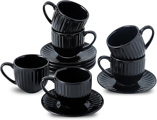 Hasense Tazas de cerámica para capuchino con platillos  6 onzas, juego de 6 tazas de café expreso acanalado para café, té, café con leche y