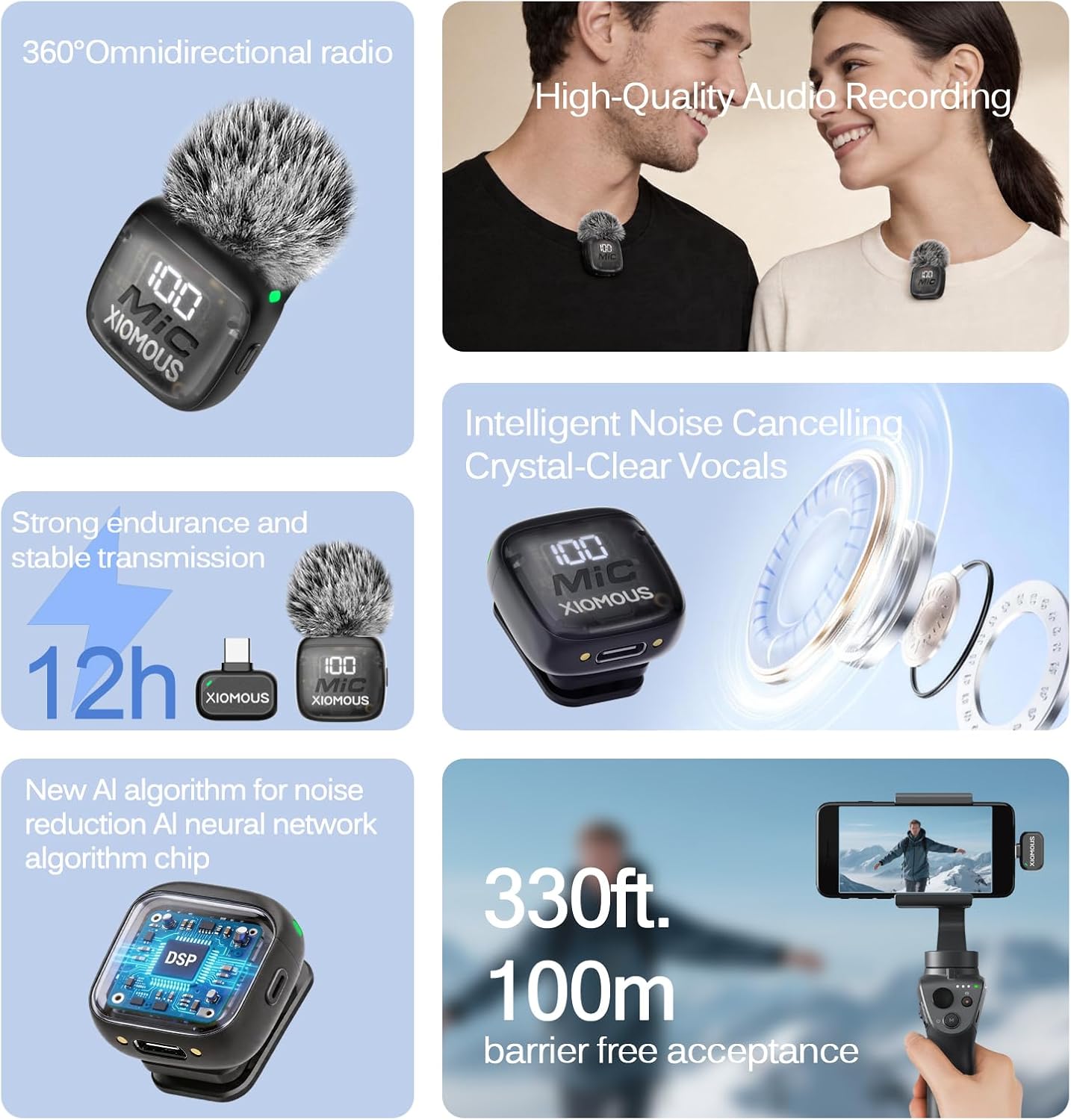 Wireless Lavalier Microphone for iPhone & Android, Dual Wireless Lapel Mic with USB-C & Lightning Adapters, AI Noise Cancelling, 330FT Range, 16H Battery for Video Recording, TikTok, YouTube, Podcast