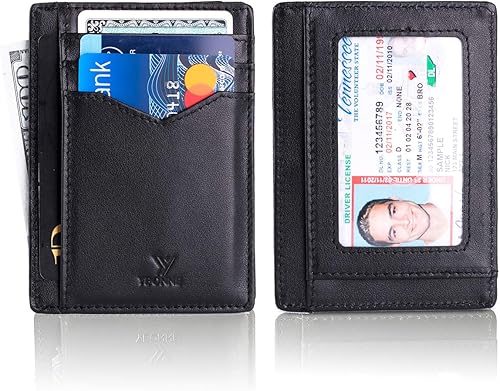 Miniatura 4 de YBONNE Cartera delgada con bolsillo frontal para hombres y mujeres, tarjetero con bloqueo RFID, hecha de cuero genuino de la más fina, Negro -,