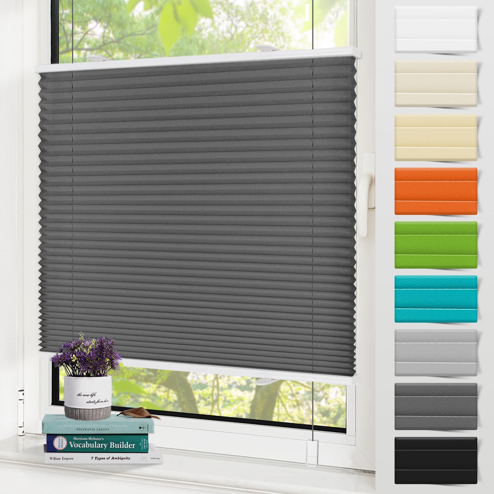 Zarnan Plissee ohne Bohren Blickdicht Anthrazit 85x140cm(BXH) plissee klemmfix UV-Schutz & Lichtfilterung Klemmplisseeses Fenster ohne Bohren Plissee mit Klemmträger easyfix Jalousie für Fenster