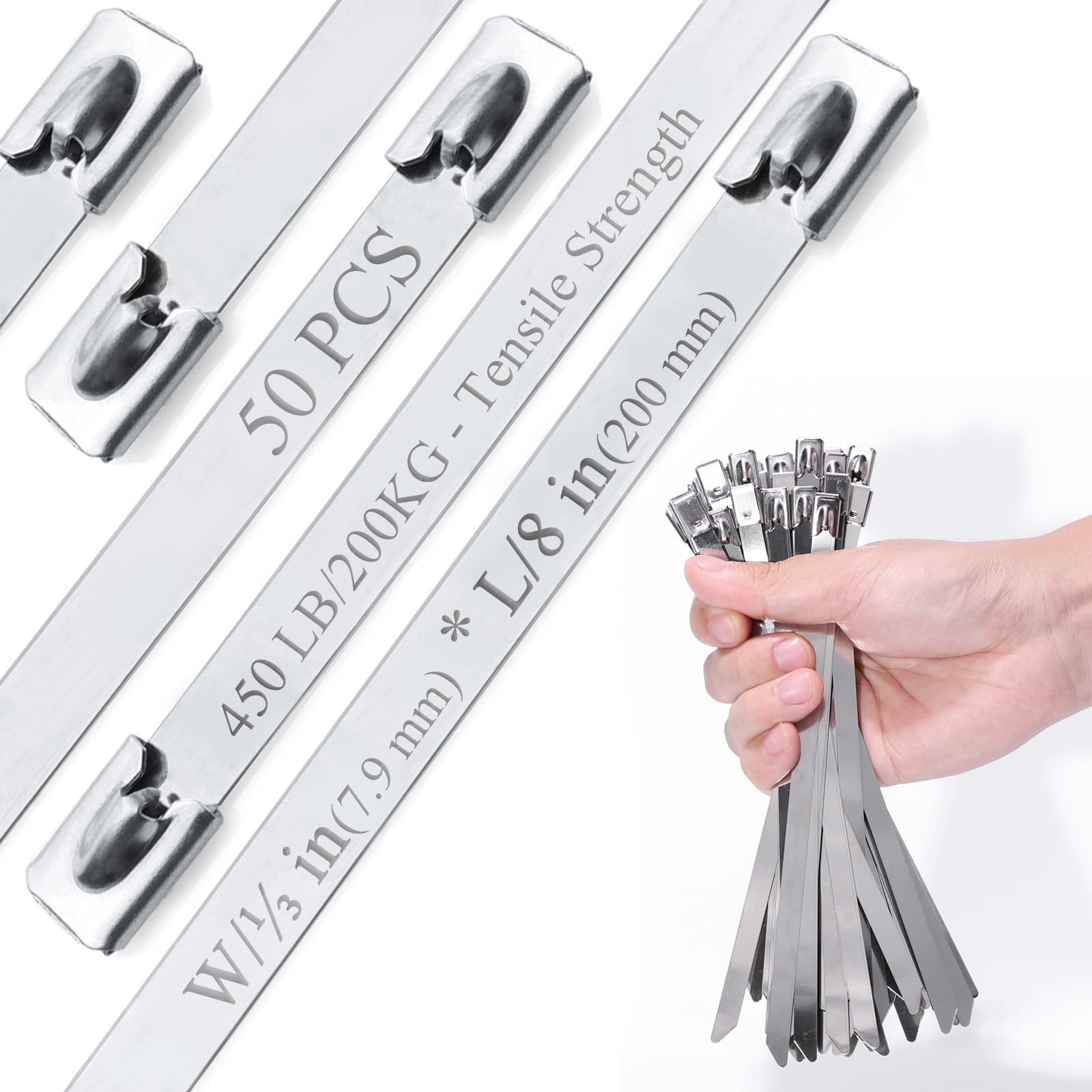 Metal Cable Ties, 304 Stainless Steel Zip Ties，(50Pcs) 450LB Heavy Duty (2X Stronger), Heat Resistant for Exhaust Wrap/Fencing/Pipes/Auto Repair, Replace Metal Wires. L/8" (200mm), W/0.31" (7.9mm). — image 1