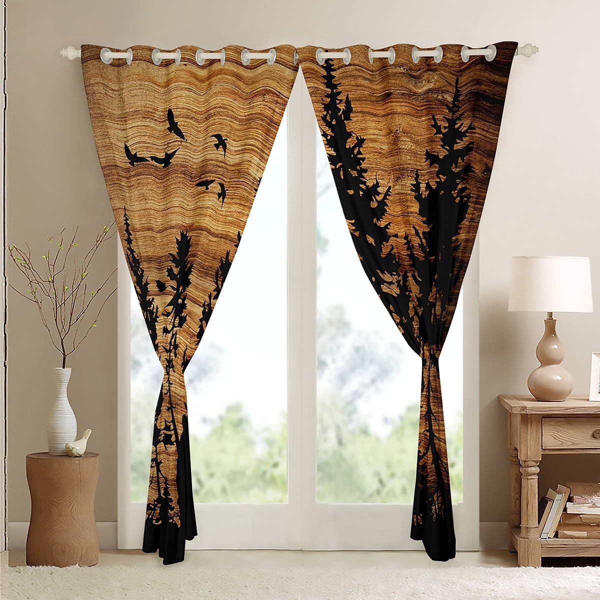Feelyou Bear Curtains for Bedroom Living Room (2 Panels, 52 x 90 Inch) Rustic Cabin Country Blackout Curtains Vintage Brown Wood Window Treatments Darkening Drapes