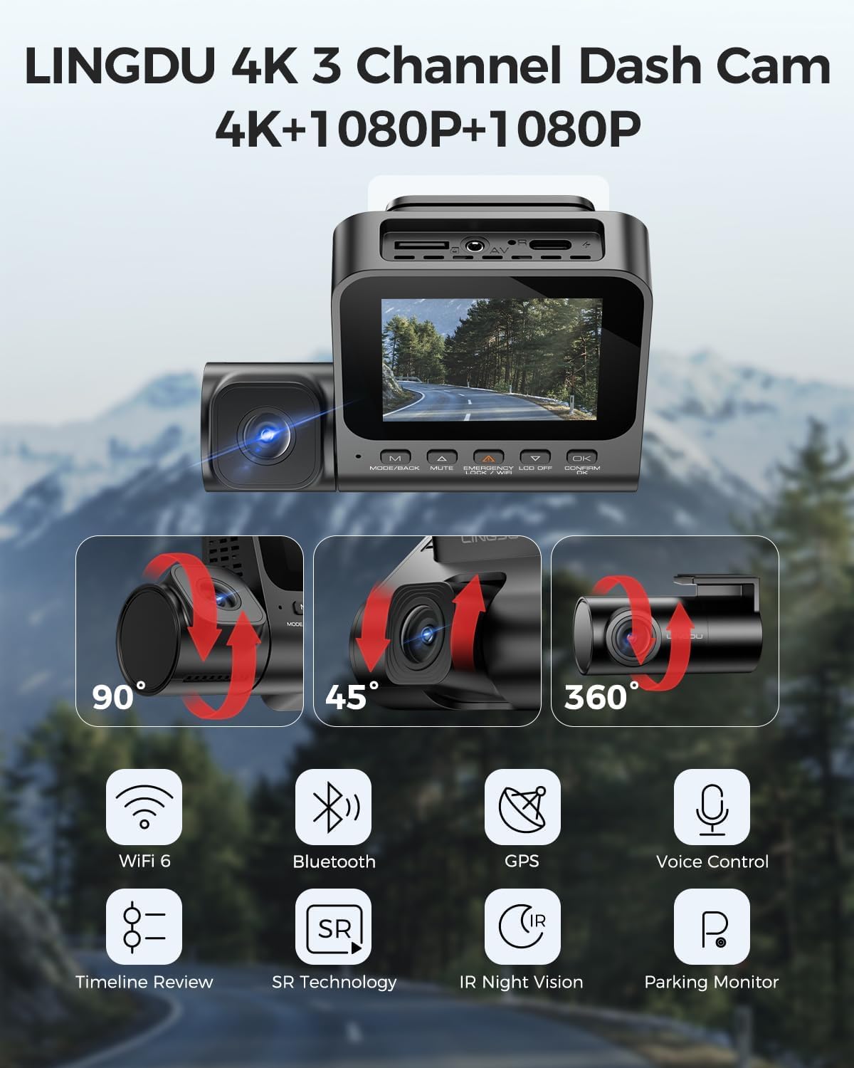 Cámara de Coche WiFi GPS 4K de 3 Canales, 4K+1080P+1080P Dashcam Camara Coche con Visión Nocturna IR, Control de Voz, Tarjeta SD de 64GB, Pantalla IPS de 2.4", Monitor de Aparcamiento 24H V630