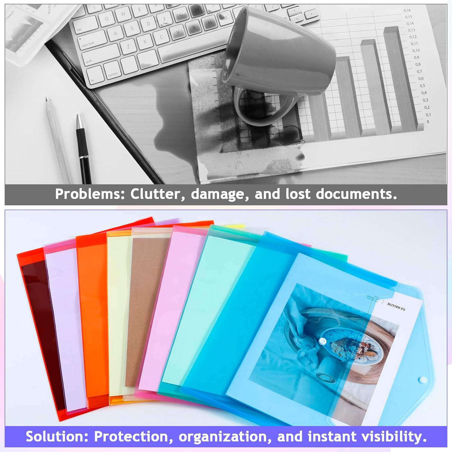 50 Pack Plastic Envelopes, A4 Letter Size File Envelopes, Poly Envelopes with Snap Closure, Clear Document File Folders for Home Work Office Organization, 8 Assorted Color