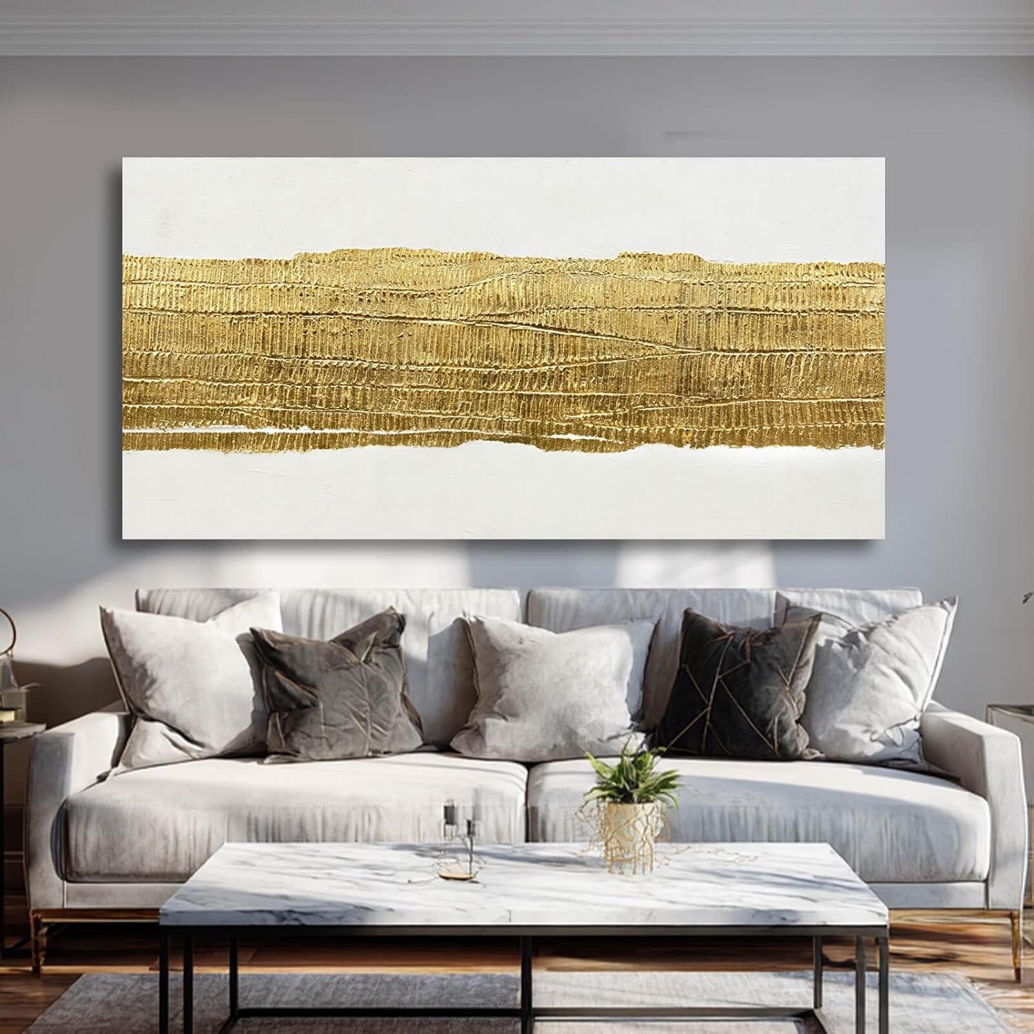 Kureful White and Gold Home Wall Decor Line Wall Decorations Modern Wall Art 24"x48" Decorative Painting for Bedroom Kitchen Pictures
