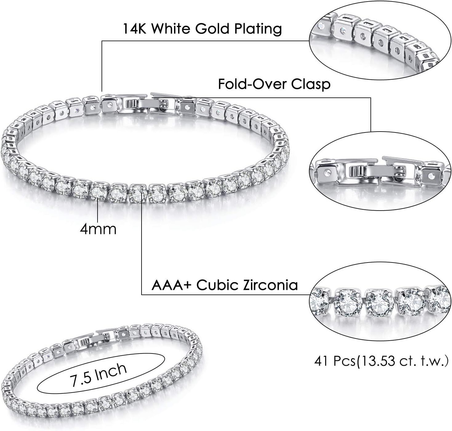 Double Fair 2 Pcs Tennis Bracelets for Women 14K Gold Plated AAA+ Cubic Zirconia CZ Diamond Classic Adjustable Slider Bracelet Fashion Jewelry Wedding Gift Size 6.5-7.5 Inch Silver 7.5 Inches image 4 of 7 B08NX8MTTG