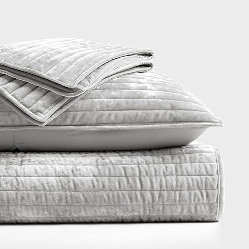 Miniatura 101 de EVERGRACE Velvet Quilt Set King Size, Luxurious Soft Striped Channel Bedding Set, Lightweight Velvet Comforter for All Season, Oversized Bedspread
