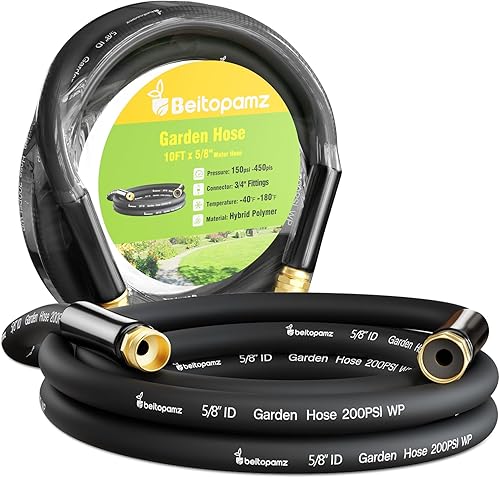 BT10B - Manguera de jardín corta de 10 pies x 58 pulgadas, macho a hembra, manguera de agua pequeña, resistente, manguera líder híbrida de goma