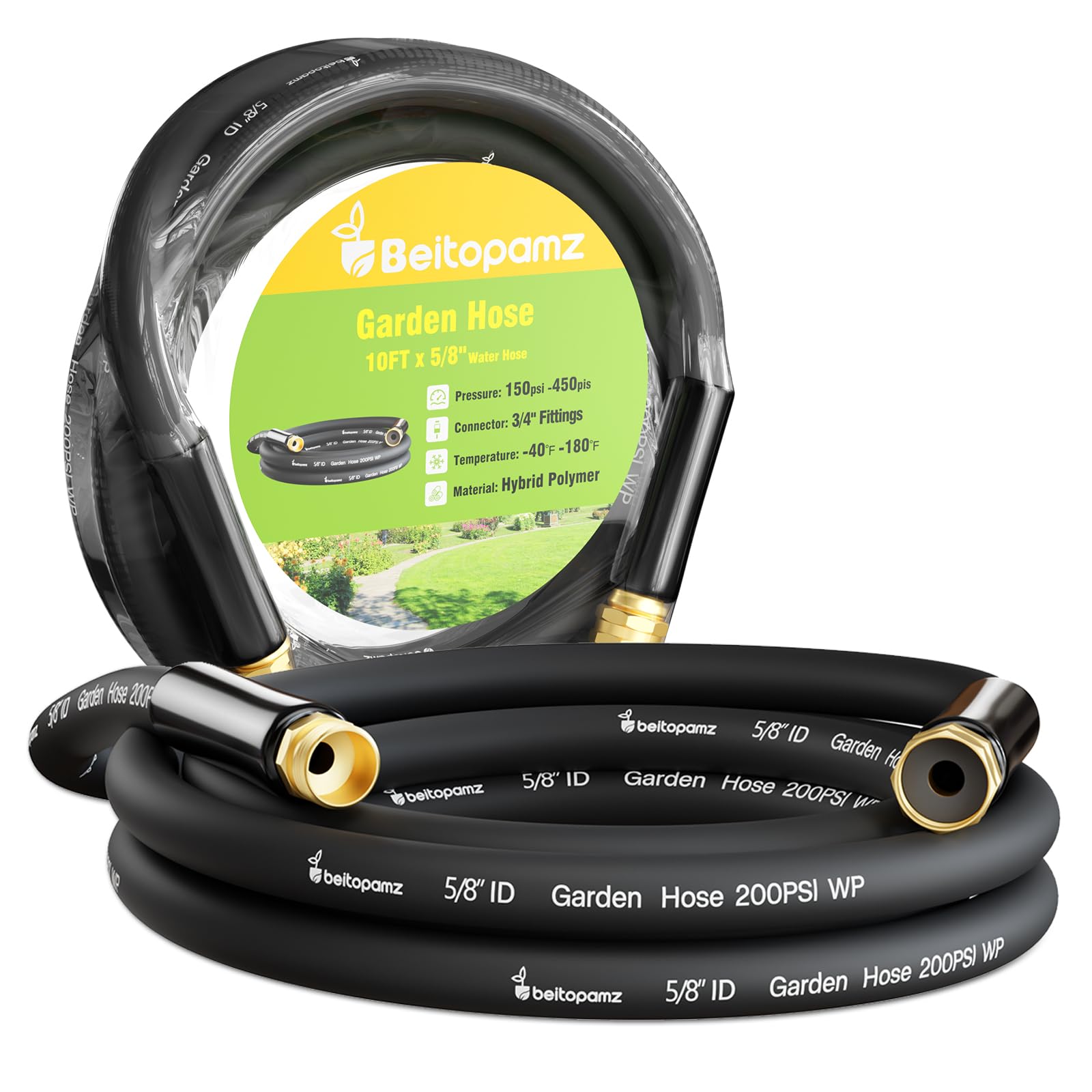 Beitopamz Short Garden Hose 10 ft x 5/8 in Male to Female Heavy Duty Small Water Hose Extend Connector, Lightweight Rubber Hybrid Leader Hose, Leak-Free Connections, 3/4'' Brass Fittings, Black โ image 1