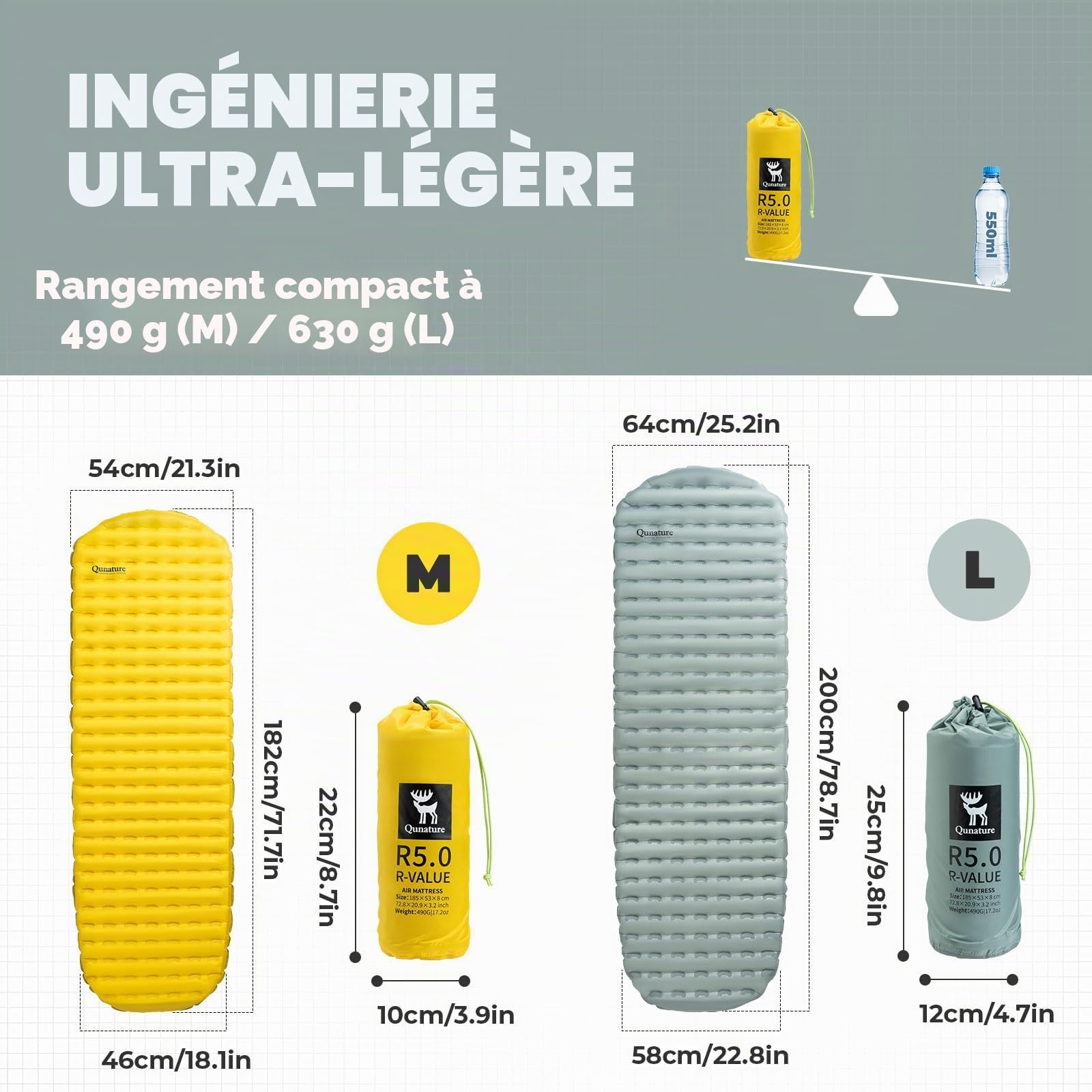 Matelas Camping Gonflable R5.1 8cm 490g Jaune L | Tapis de Couchage 4 Saisons Isolant jusqu'à -20°C, Léger et Durable pour Camping, Trekking et Randonnée