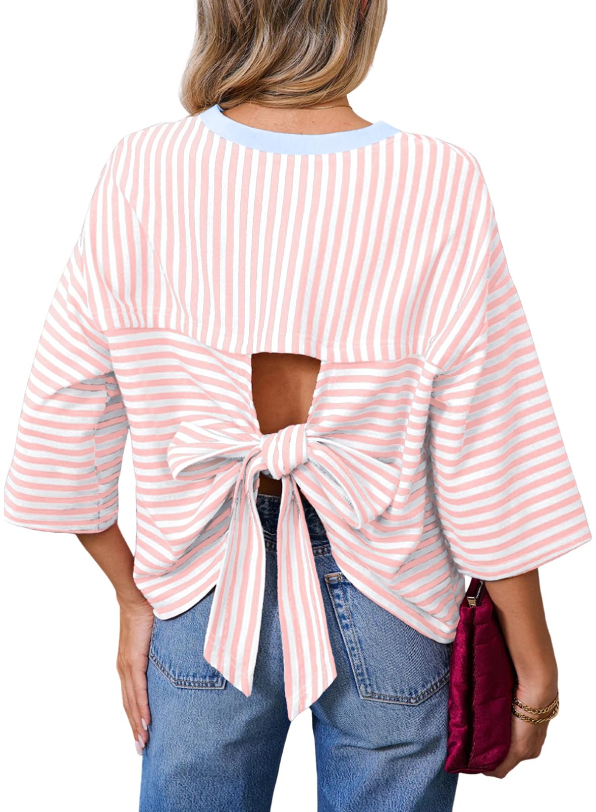 Dokotoo Womens Tops 2026 Striped Tie Back Short Sleeve T Shirts Crewneck Casual Loose Basic Tee Summer Outfits — view 16