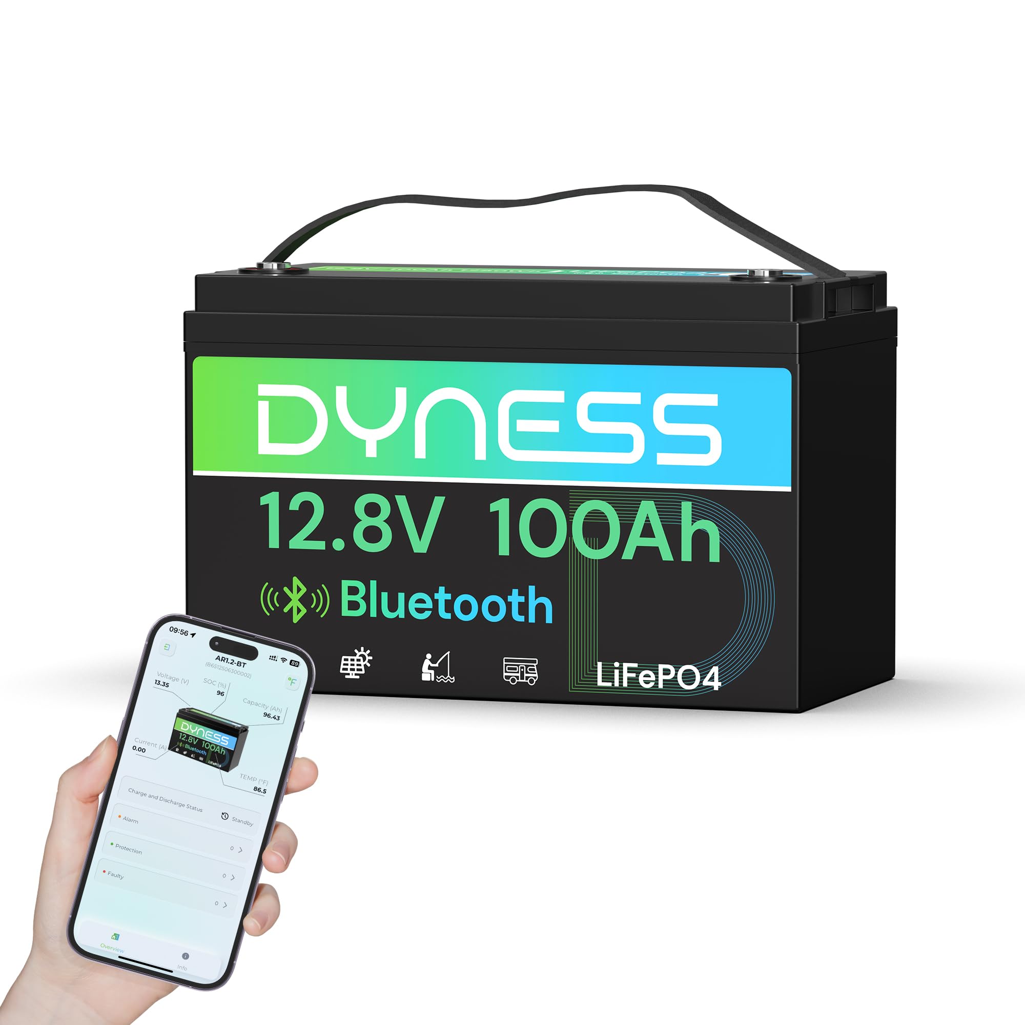 Dyness LiFePO4 12V 100Ah Lithium Batterie Bluetooth mit 100A BMS, Max.15000 Zyklen, 12V Deep Cycle Lithium Eisenphosphat Batterie für Wohnwagen, Solar Home Systeme, Boote
