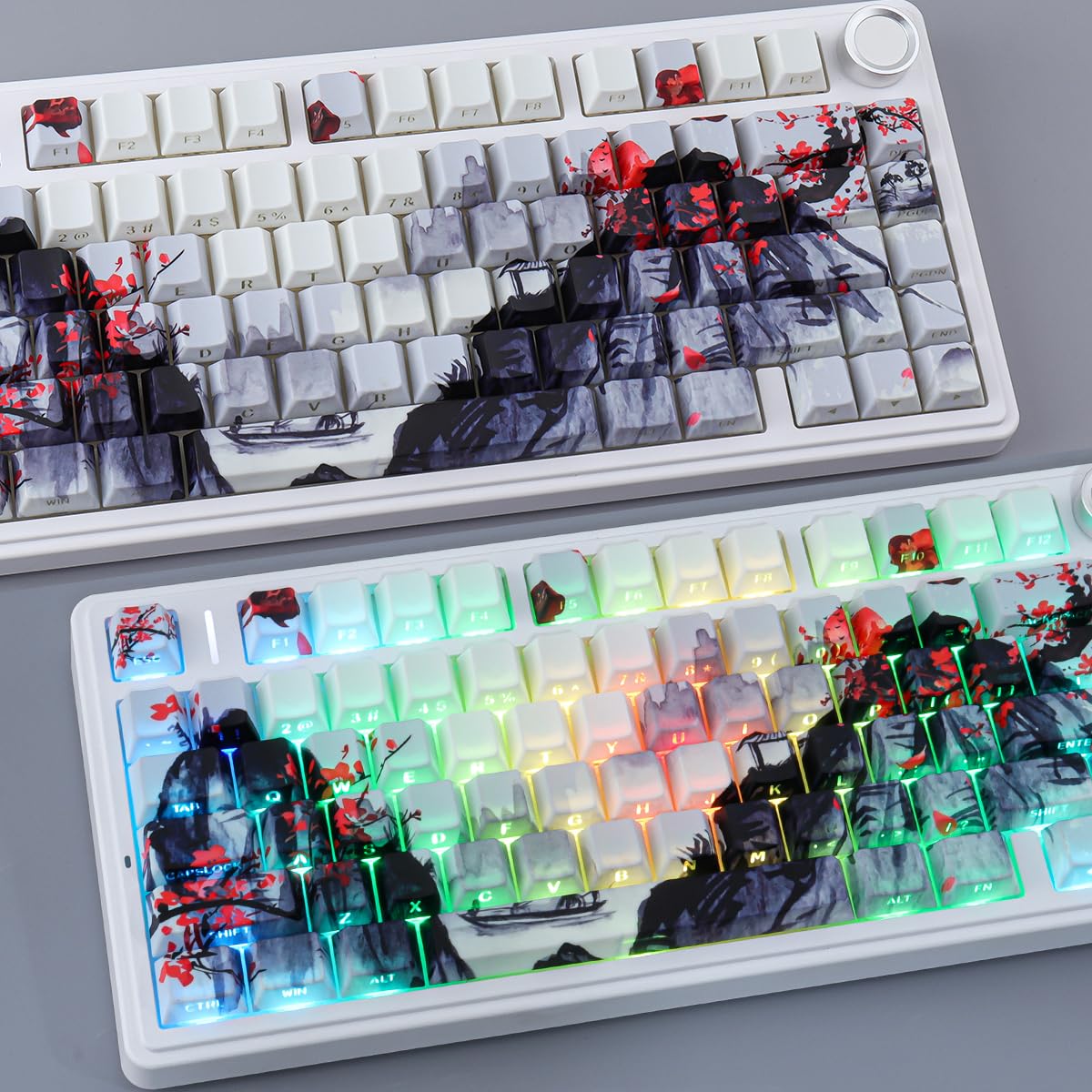 PBT Keycaps 130 klawiszy Double Shot Plum Blossom Keycaps, Shine Through Side Printed Keycaps, Cherry Profile Dye Sublimacja, Custom Keycap for Cherry MX Switch Mechanical Keyboards