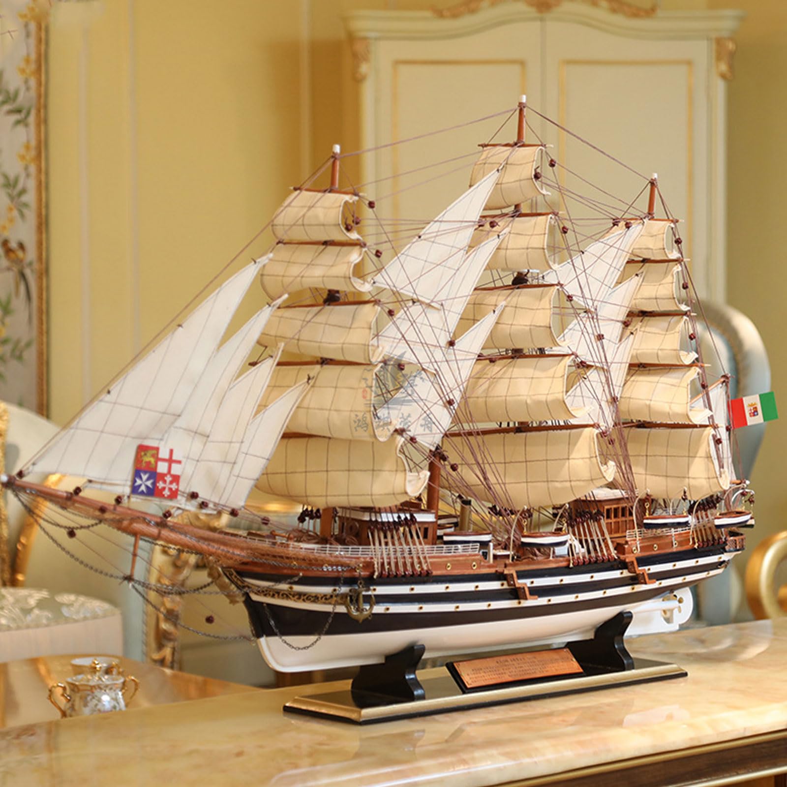 YLME Modellino Di Nave in Legno 65 cm Modello Di Barca A Vela in Legno Massello Amerigo Vespucci Ornamenti Nautici in Legno Completamente Assemblati Collezione Per La Decorazione Della Casa