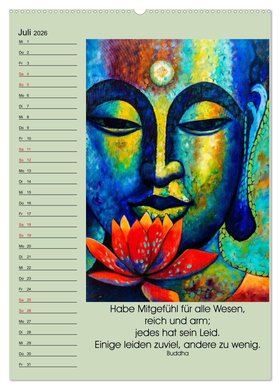 Lebensfreude Buddha (hochwertiger Premium Wandkalender 2026 DIN A2 hoch), Kunstdruck in Hochglanz: Zitate Ratschläge und Weisheiten zur Lebenshilfe im ... im Haushalt. (CALVENDO Menschen)