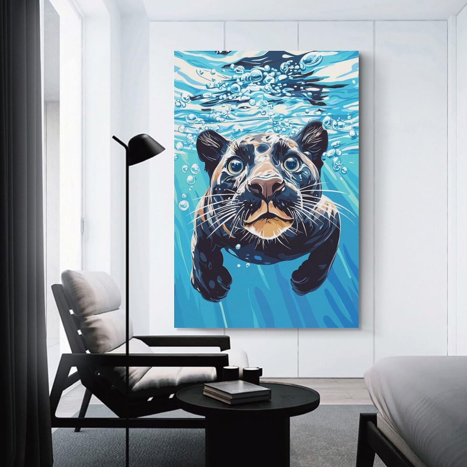 Junmoney Unframe-Style-5 Black Panther Swimming Underwater Room Decor Wall Art 24X36inch(60X90cm), For Lounge Decor, Offices Or Entryway Styling, A Flexible Wall Accent For Shared Spaces