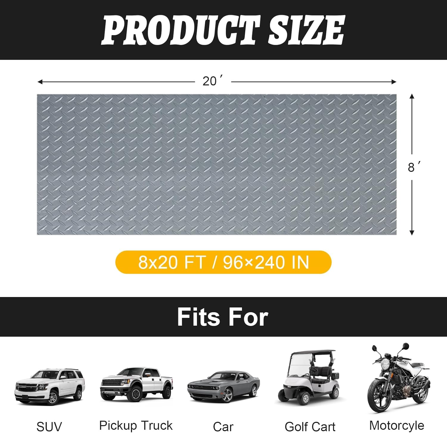 8x20 FT Garage Floor Mat, 2.8mm Thickened Flooring Roll for Under Car Diamond Plate PVC Rubber Mat with 20 Pcs Tapes, Non-Slip Floor Mat for Garage, Warehouse, Gyms, Trailer, Gray Grey 8×20FT