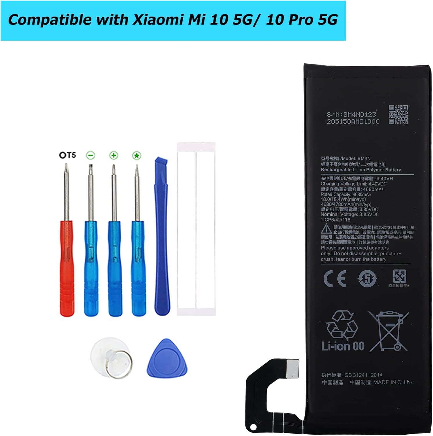 New BM4N Replacement Battery Compatible with Mi 10 5G M2001J2G M2001J2I with Toolkit