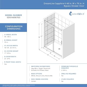 DreamLine Sapphire-V 44-48 inch W x 76 inch H Semi-Frameless Bypass Shower Door in Brushed Gold
