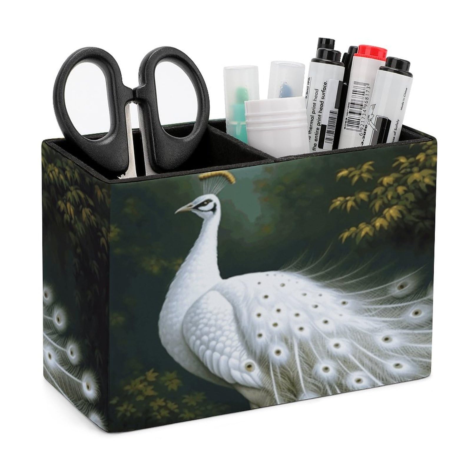 NONHAI Lether Pen Holder for Desk, White Peacock Pencil Holder Organizers for Desktop, Pencil Cup Stationery Organizer for Office Desk Accessory, Square Makeup Brush Srotage Box Pencil Caddy