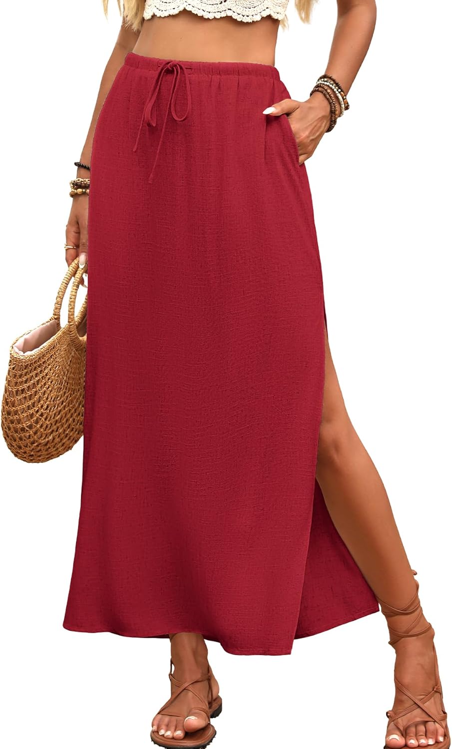 ELLEVEN Linen Straight Maxi Skirt with Side Slit - Elastic Waist Drawstring Long Flowy Ankle-Length Skirt with Pockets