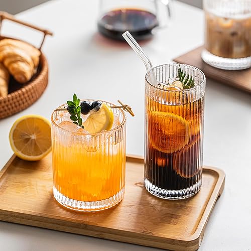 Miniatura 5 de INSETLAN Cristalería acanalada de 12 piezas  6 vasos altos de 12 onzas, 6 vasos de vidrio de 14 onzas, vasos de cóctel vintage, ideales para vino,