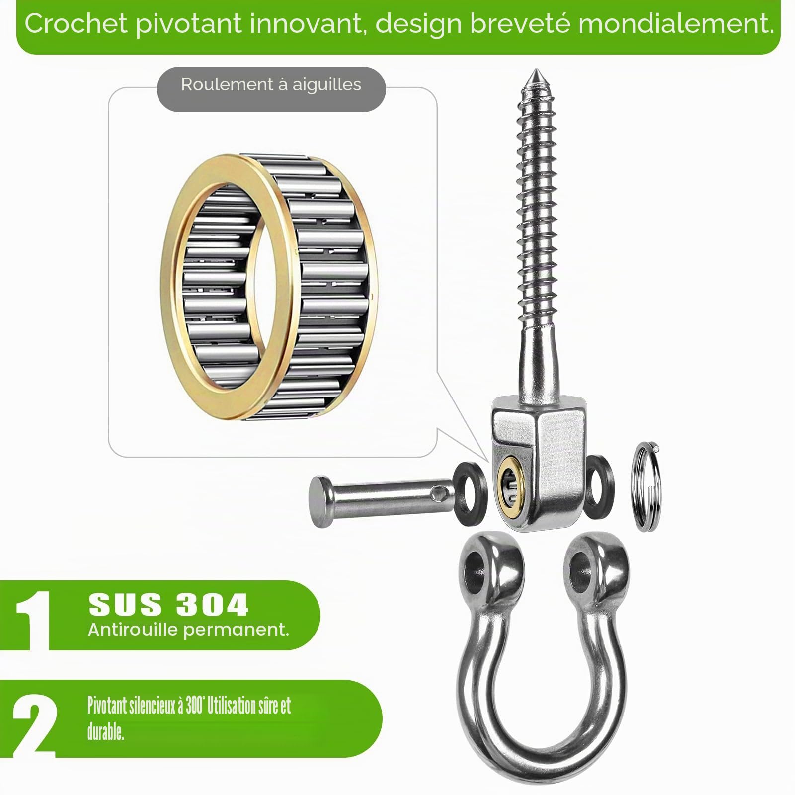 SELEWARE Cintres de balançoire robustes avec roulements, lot de 4 - Matériel de balançoire de terrasse en acier inoxydable pour patio et aire de jeux, crochets pivotants silencieux - Matériel de