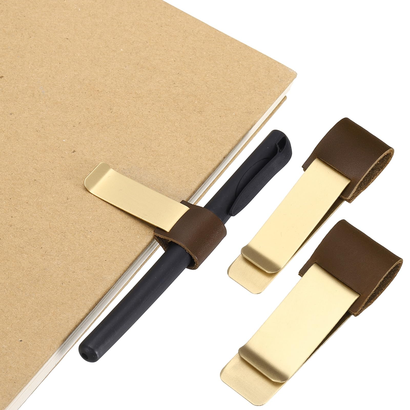 PATIKIL 2Pcs Pen Loop for Notebook, Brass Wax Retro Leather Pencil Holder Pen Clip for Notebook Clipboards Pocket Office Traveler Journals Planner, Light Brown/Brass