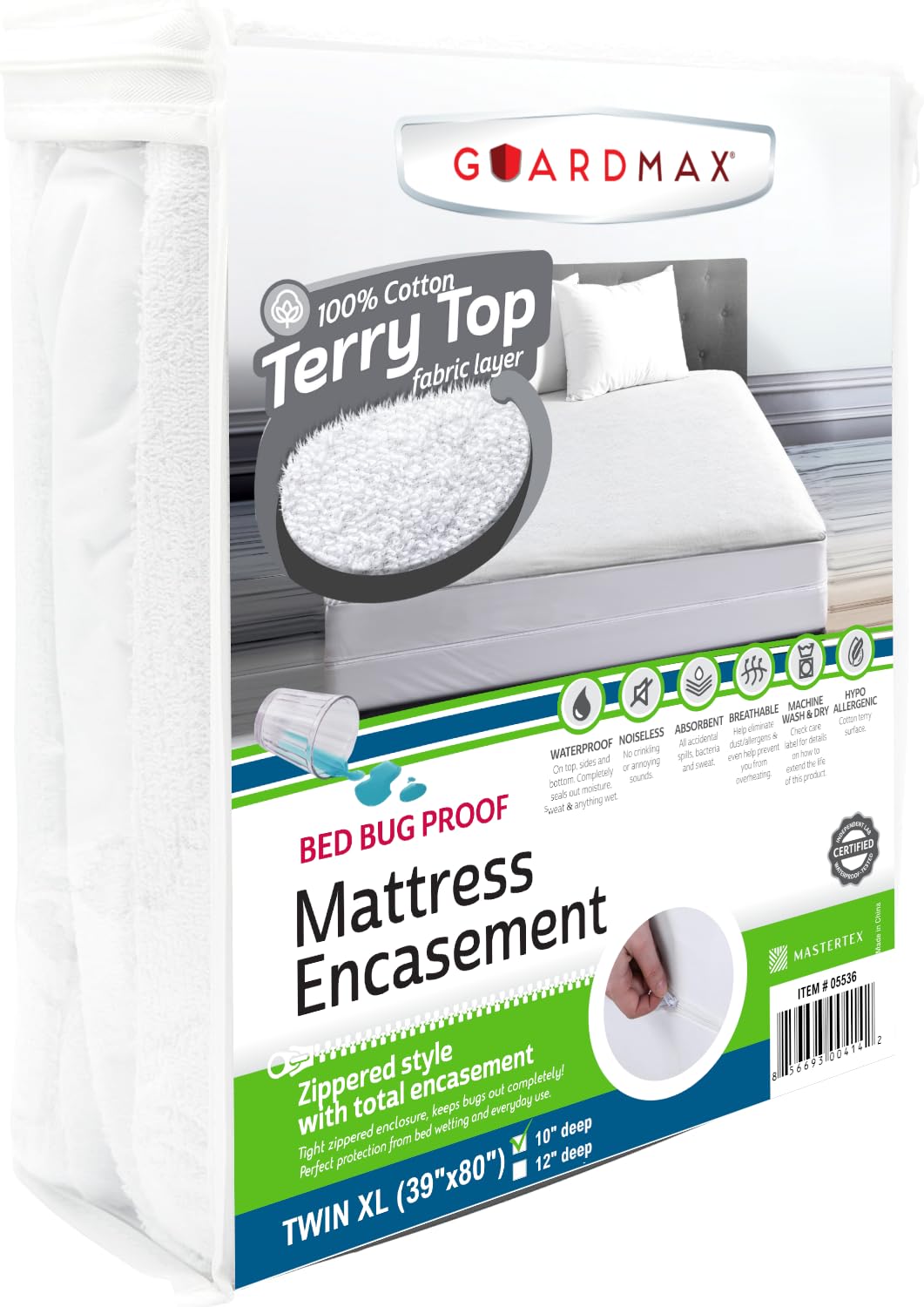 Guardmax Terry Cotton Zippered Mattress Encasement - Twin XL Size - 100% Waterproof and Bed Bug Proof Mattress Protector - Absorbent Six-Sided Mattress Cover (White, Twin XL) — image 1