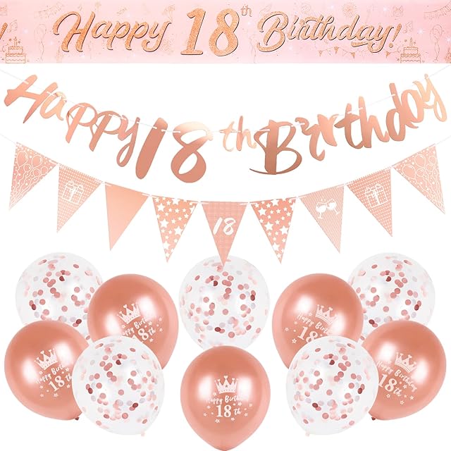 18th Birthday Decoration Kit Rose Gold Happy 18th Birthday Banner Triangle Flag Confetti Balloons Birthday Party Decoration Supplies Age 18