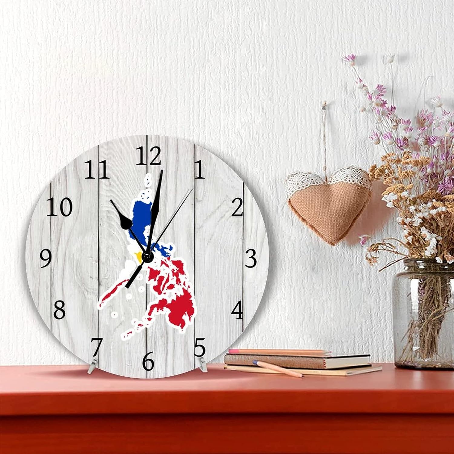 Home Decor Wood Wall Clock,Philippines Flag Map Wall Clock National Flag Retro Silent Non-Ticking Battery Operated Rustic Wooden Clock 12 Inch Wall Art for Living Room Bedroom Cafe Pub