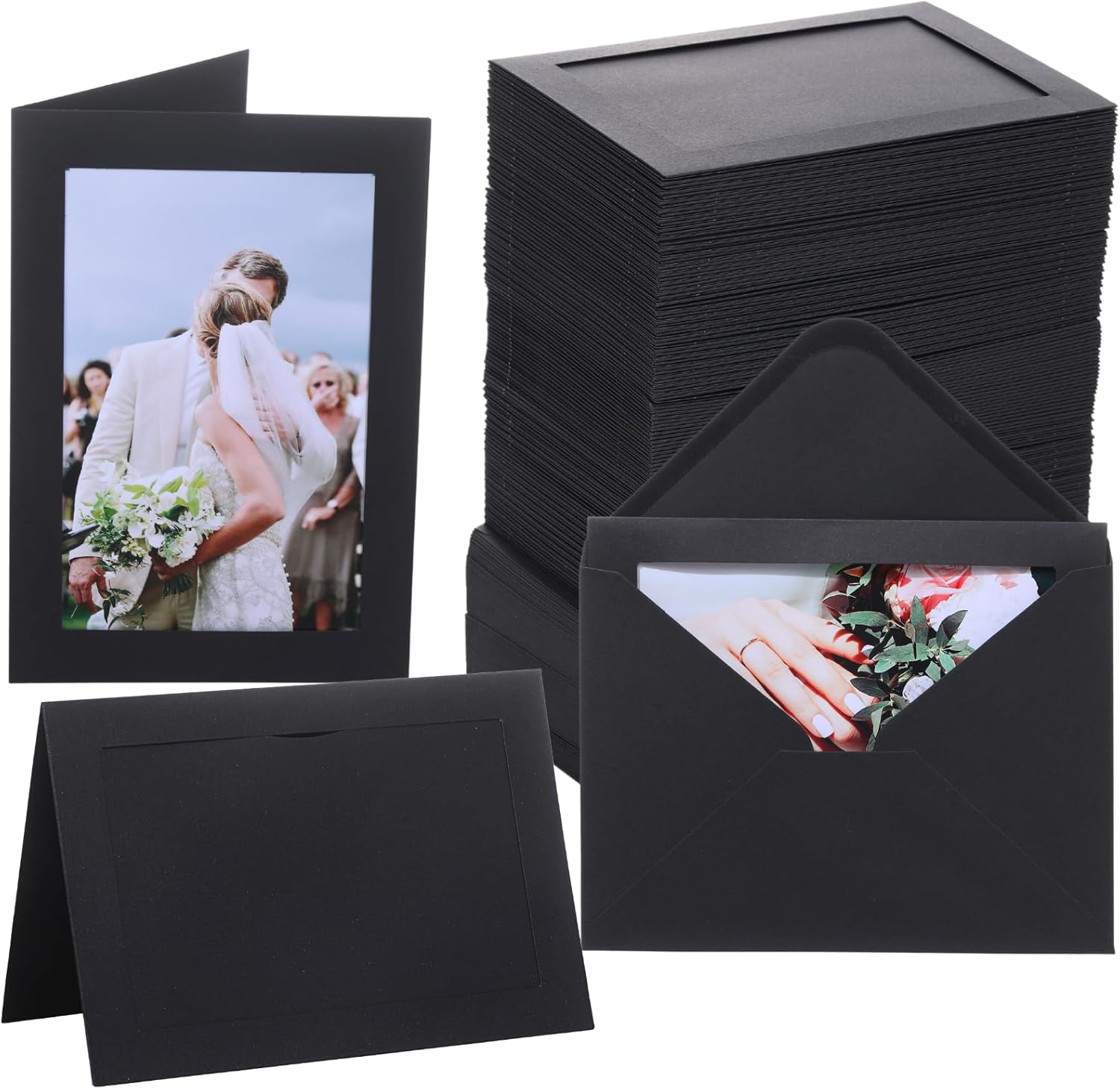 100 Pack Photo Frame Cards with Self Seal Envelopes 4x6 Paper Picture Frame Bulk Cardboard Photo Insert Card Holder for Christmas New Year Wedding Birthday Classroom Crafts DIY - Black