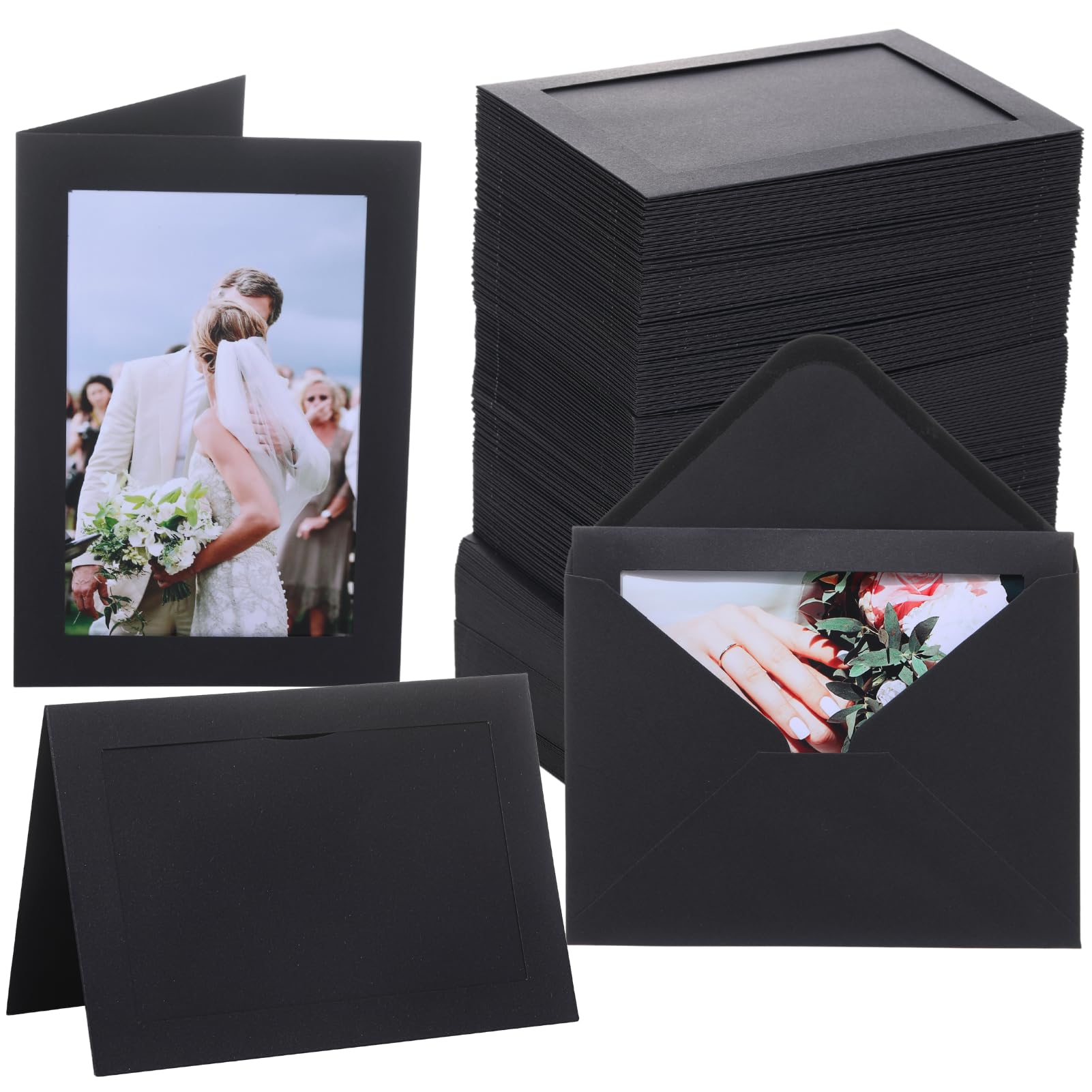 100 Pack Photo Frame Cards with Self Seal Envelopes 4x6 Paper Picture Frame Bulk Cardboard Photo Insert Card Holder for Christmas New Year Wedding Birthday Classroom Crafts DIY - Black