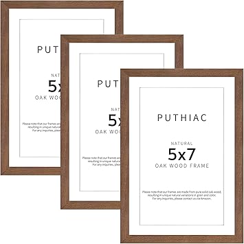 puthiac 5x7 Oak Wood Picture Frame - Minimalist 5x7 Picture Frame, 5"x7" Frame Wood, Natural Solid Wooden Picture Frames for Wall Art Photo and Prints(3 Pack, Walnut)