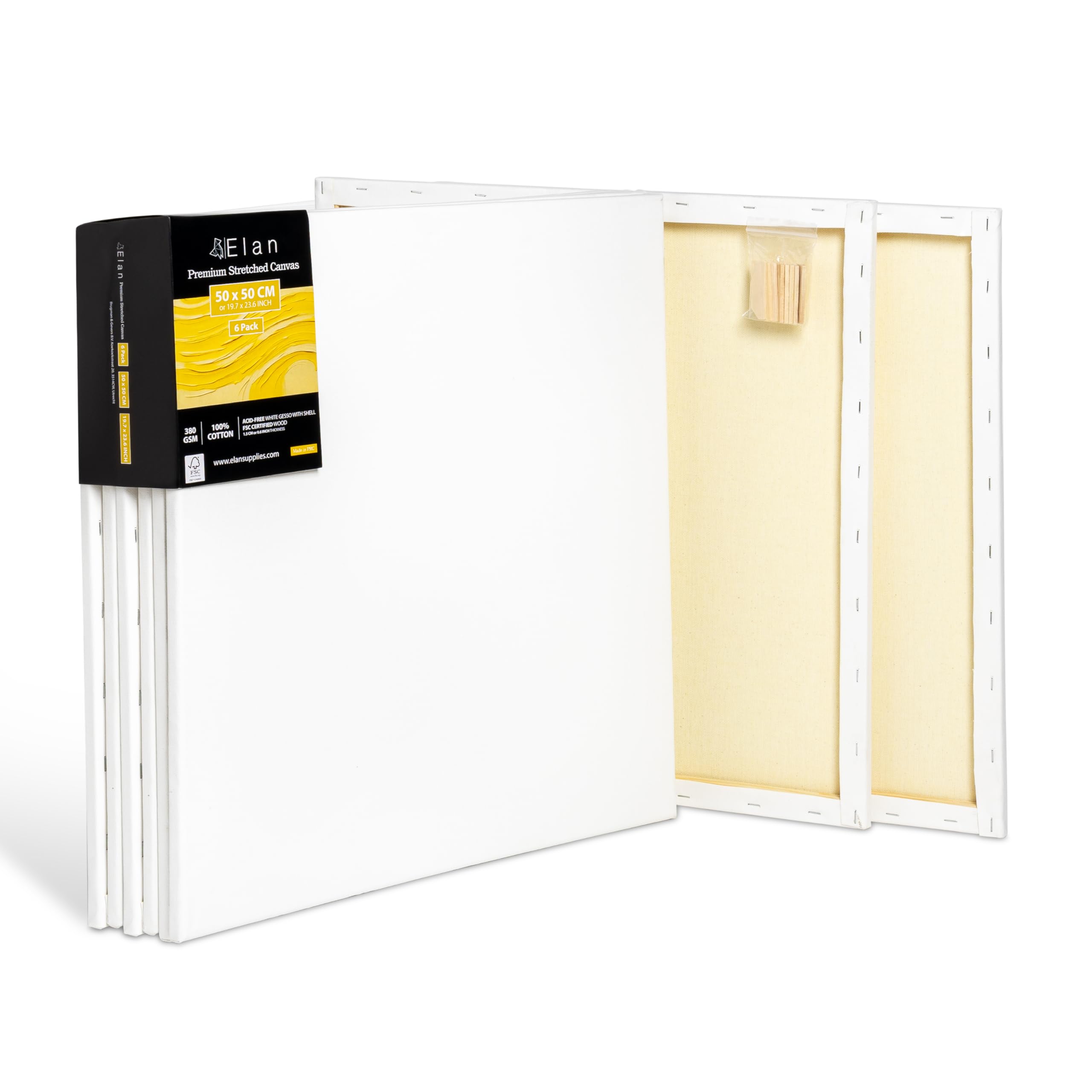 Elan Stretched Canvases 50x50 CM 380 GSM, 6-Pack Art Canvases for Oil Painting, Large Canvas for Painting 380 GSM, Oil Paint Canvas 50x50 CM