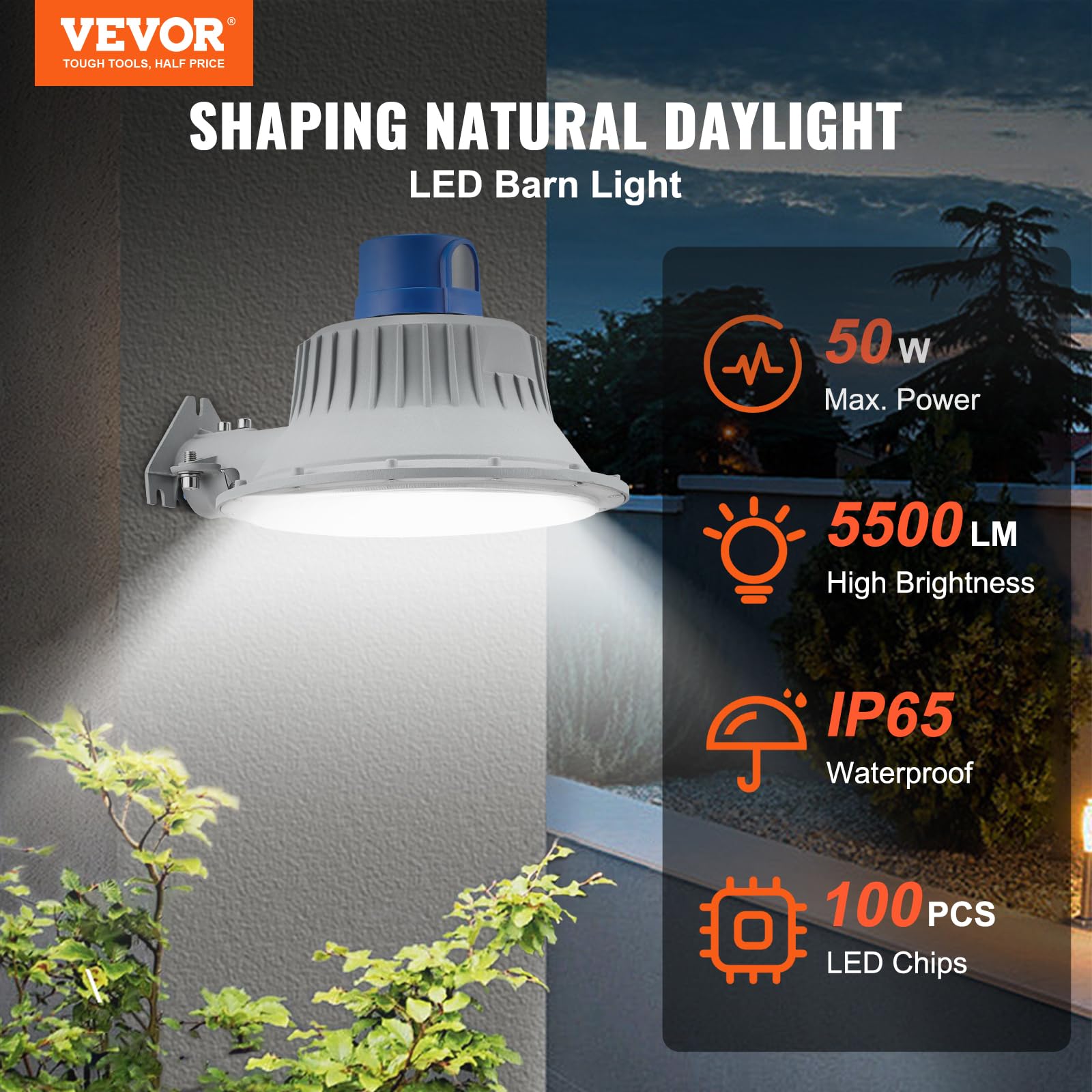 VEVOR LED Barn Light, 50W 5500LM, Ultra Brightness 6000K Daylight, Dusk to Dawn Area Lights, Outdoor Security Flood Lighting, IP65 Waterproof for Outside Yard Street Garage Shed Patio, Wall/Pole Mount