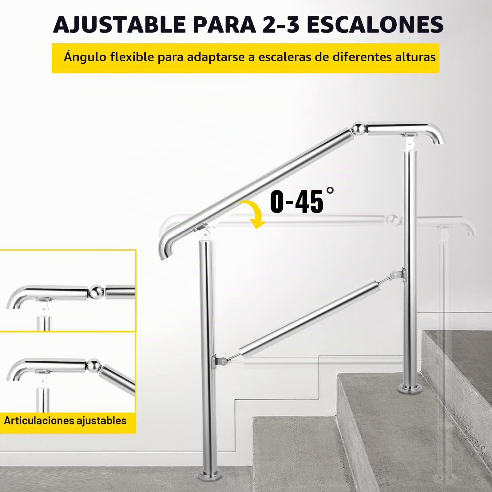 Happybuy Pasamanos Escalera de Acero Inoxidable 304 Barandilla Escalera de 2 a 3 Pasamanos para Escaleras de Color Plata Pasamanos de Pared Ángulo Ajustable 0-60° Montaje en Pared Capacidad de 100 kg